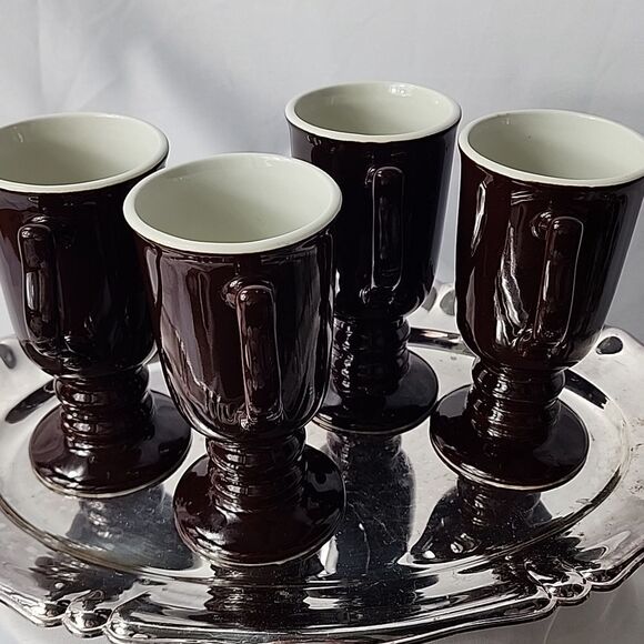 Vintage Chocolate Brown Hall Pottery Pedestal Mugs Set of 4 - Picture 7 of 14